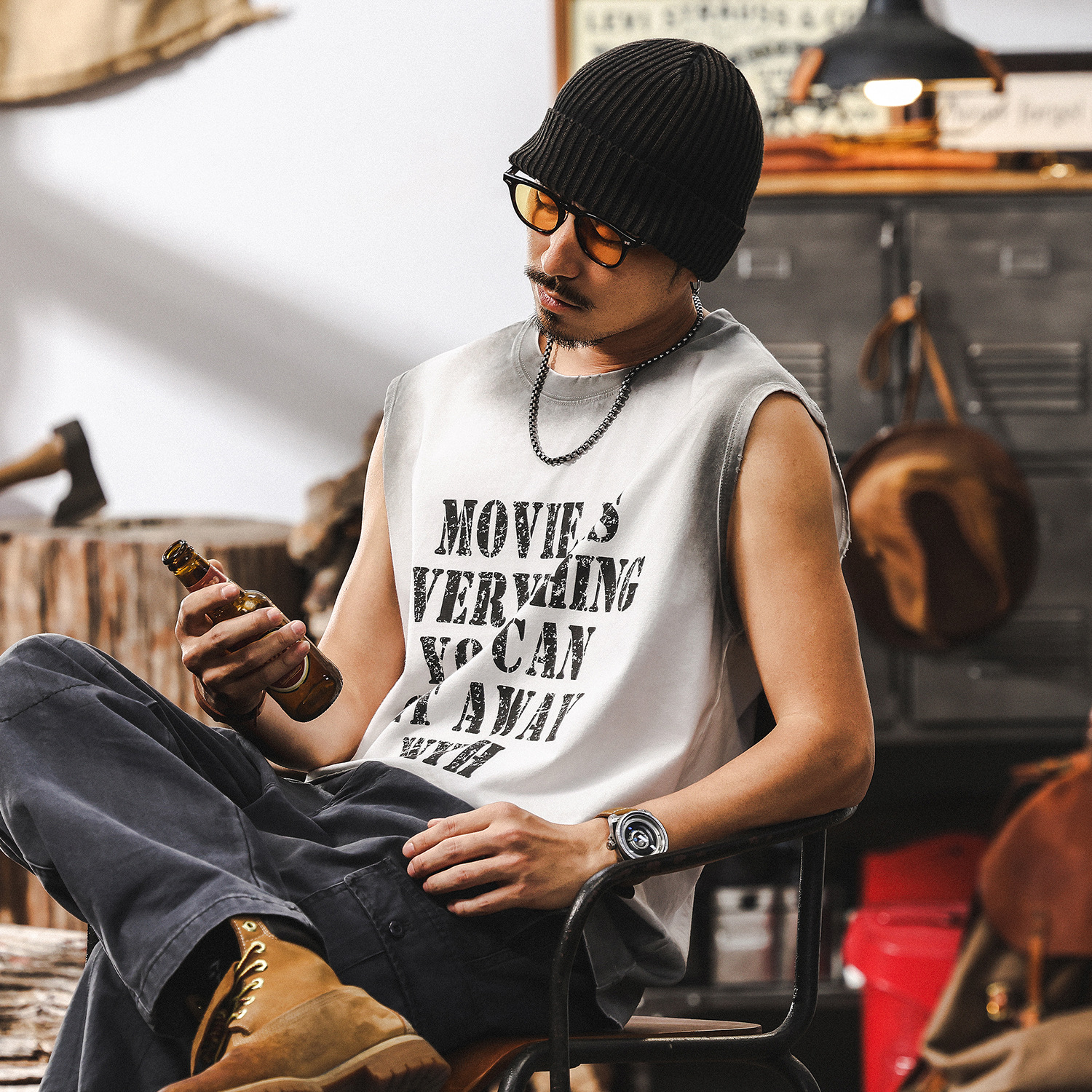 美式復古運動休閒坎肩健身背心男款夏季潮流印花寬鬆無袖男士T恤