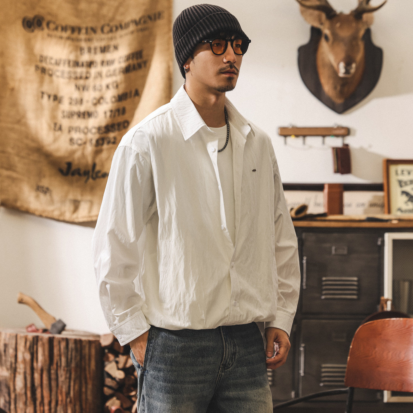 美式復古假兩件長袖襯衫外套男款春季潮牌寬鬆垂感襯衣男休閒夾克