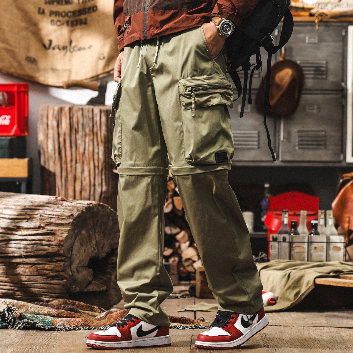 拼接可拆卸工裝褲男夏季涼感冰絲褲寬鬆直筒褲子男潮牌美式休閒褲