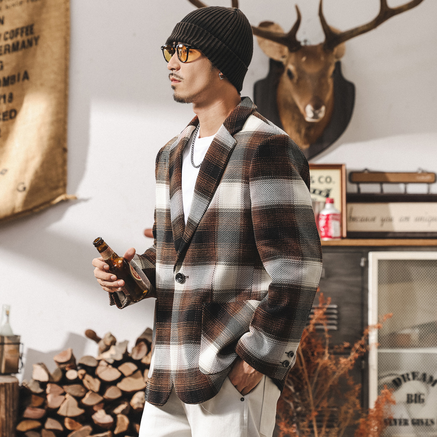 美式復古色織格紋西裝外套男冬季新款潮牌高級感通勤休閒寬鬆西服