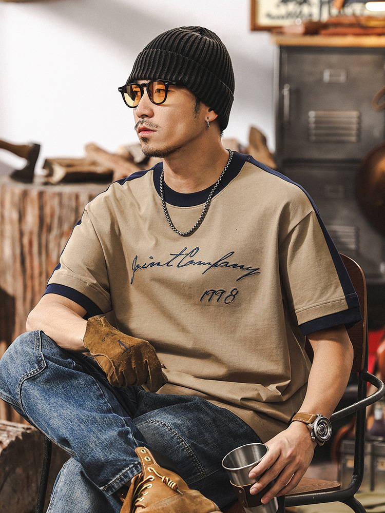 美式復古重磅T恤男短袖2025新款夏季潮牌撞色袖寬鬆男士上衣T男裝