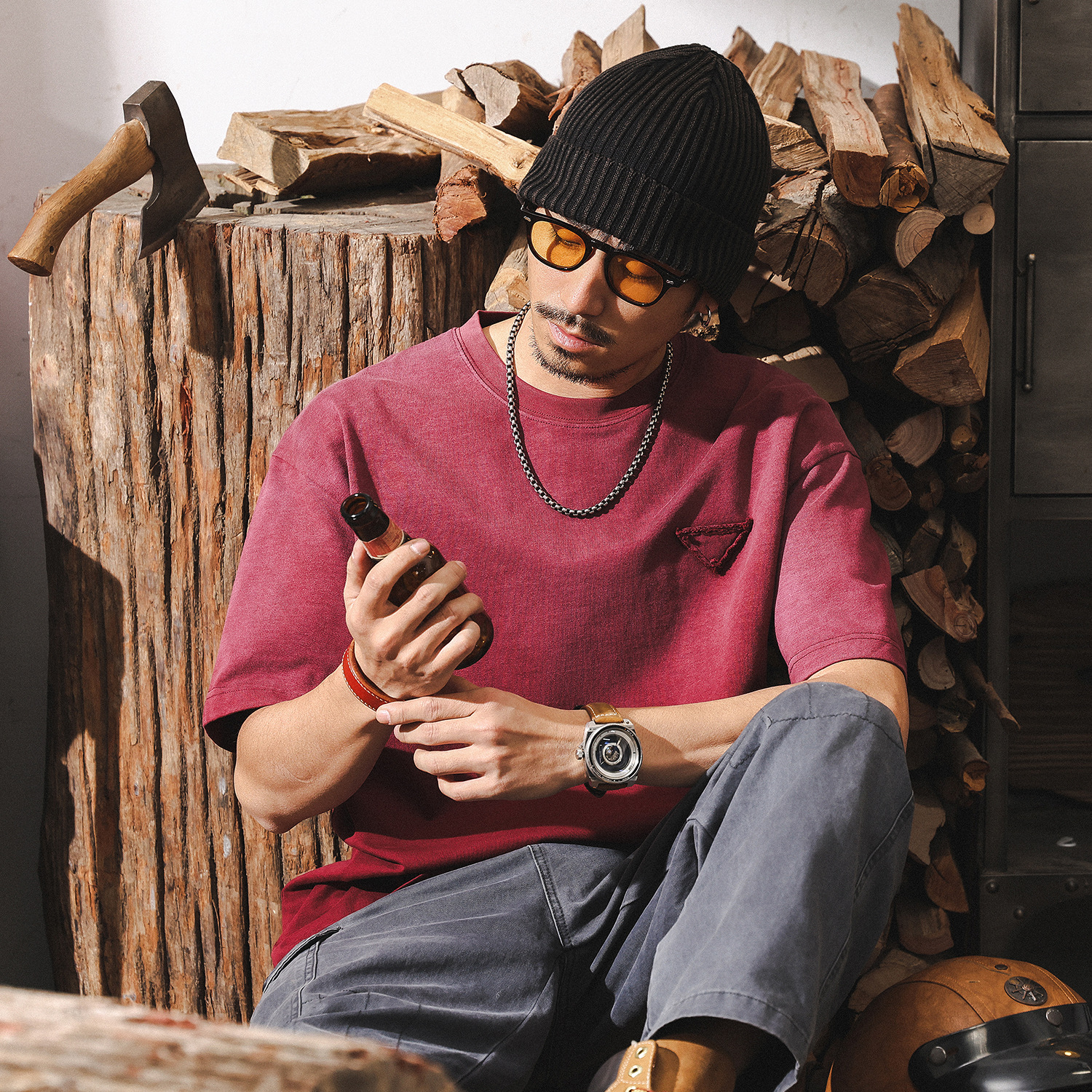 阿蘇特洗褪重磅T恤男夏季短袖潮流漸變水洗安可拉紅男士上衣