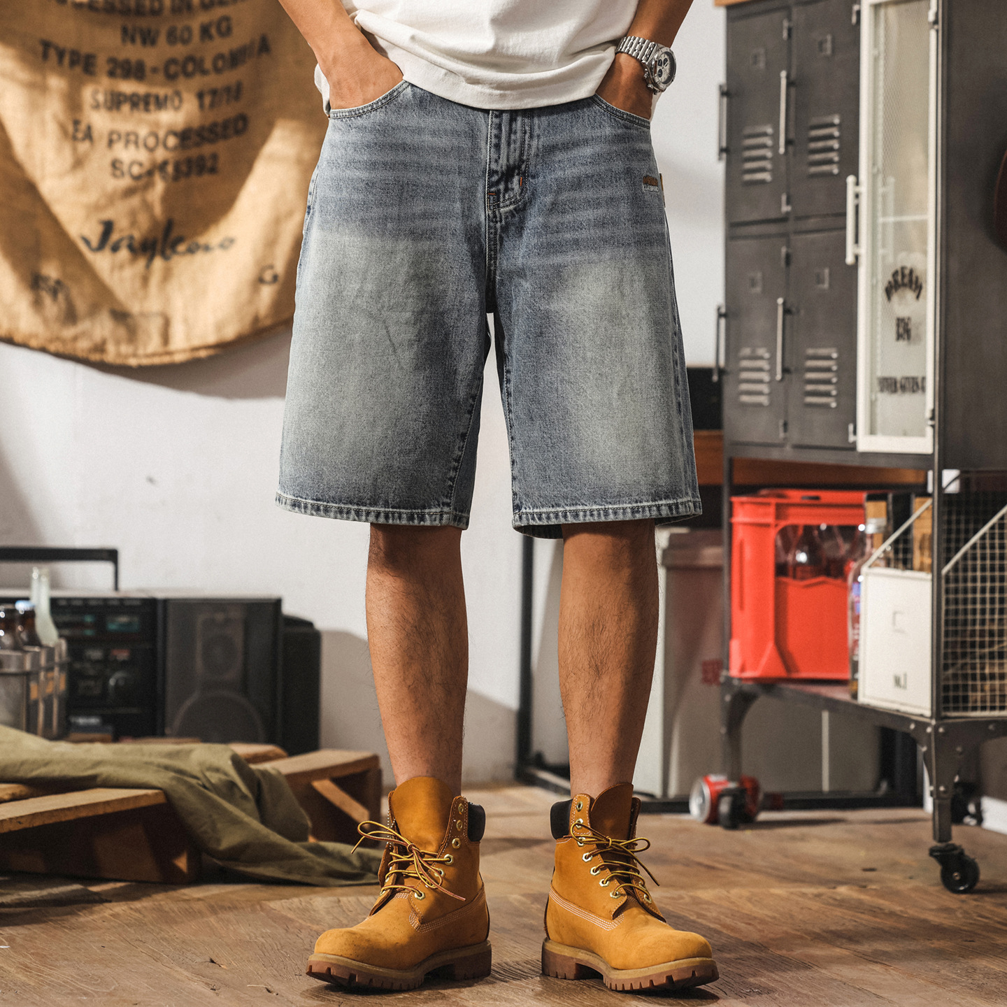 美式街頭潮牌牛仔短褲男夏季復古水洗大碼中褲寬鬆直筒男士五分褲