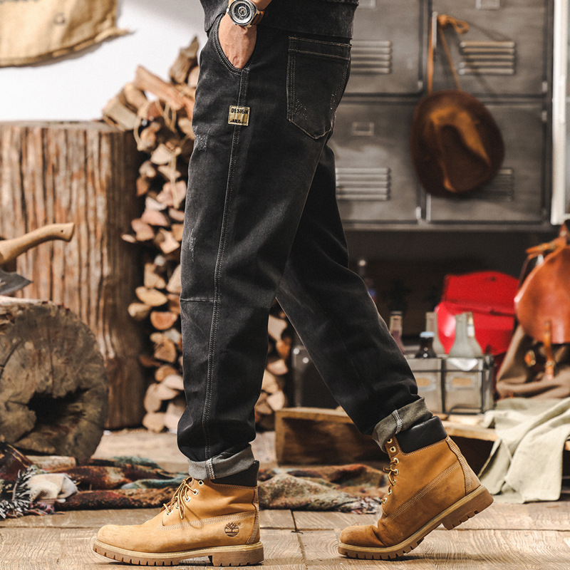 美式復古經典黑色牛仔褲男2024新款潮流寬鬆直筒休閒男士秋冬褲子