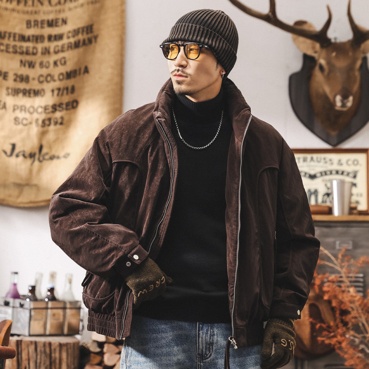 美式復古霧面絨感90%白鴨絨蓬鬆羽絨服男冬季保暖加厚工裝外套男