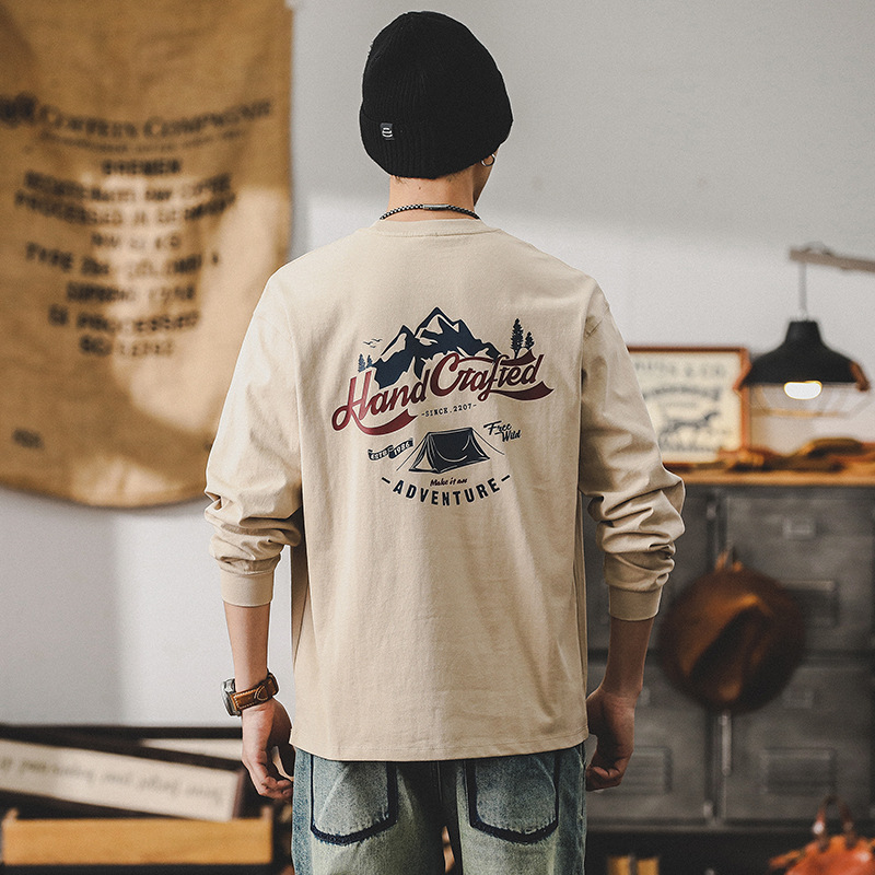 260g重磅双本针男士T恤长袖美式山系印花宽松上衣潮牌衣服男纯棉T
