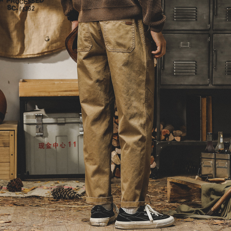美式重磅工裝褲子男寬鬆直筒休閒褲秋冬款潮流水洗做舊雙膝伐木褲
