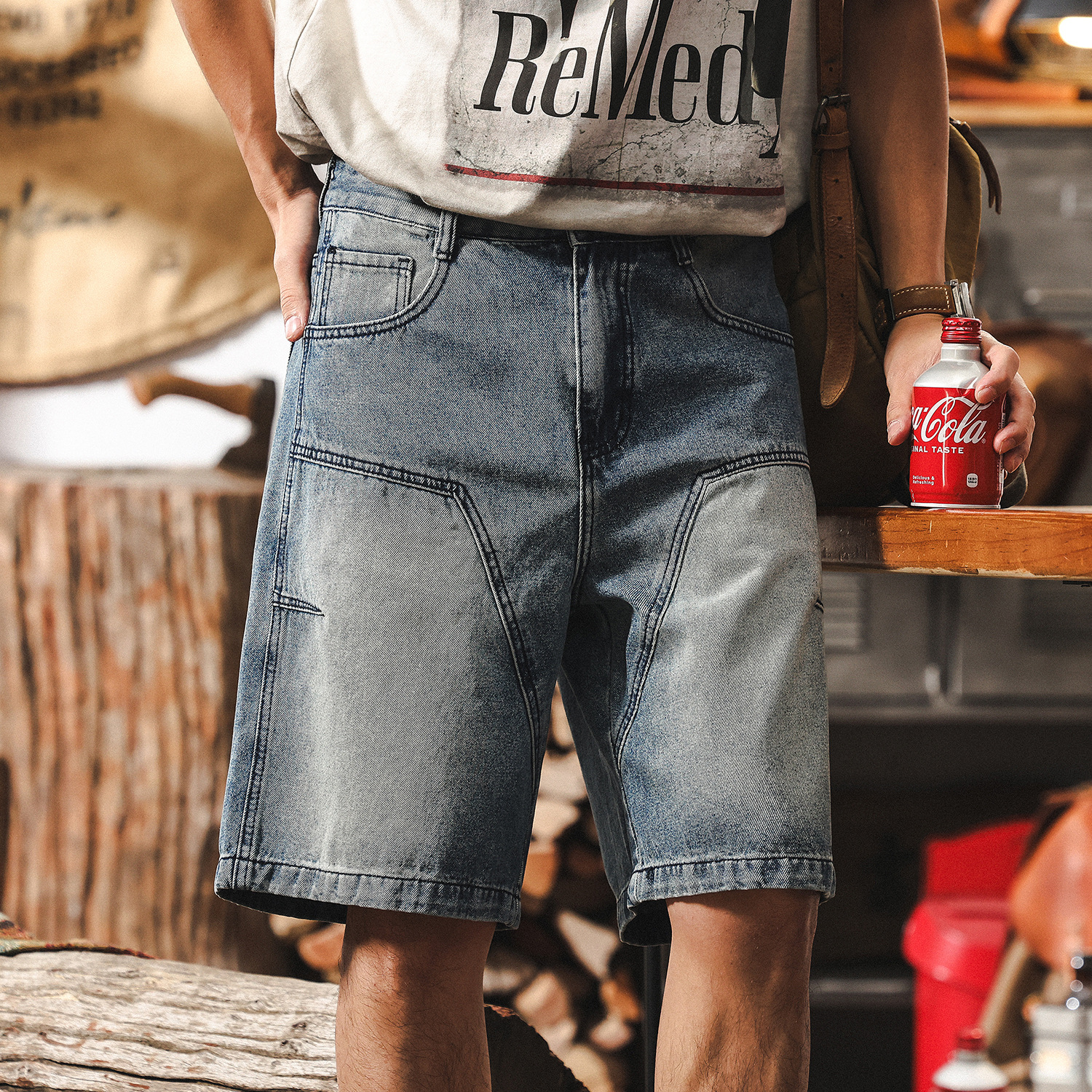 美式復古牛仔短褲男夏季2025新款潮牌中褲大碼寬鬆男士休閒五分褲