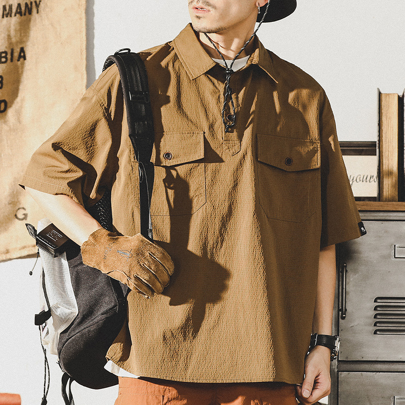 杰雷諾美式復古套頭工裝襯衫男短袖夏季2024年新款半袖衣服POLO衫