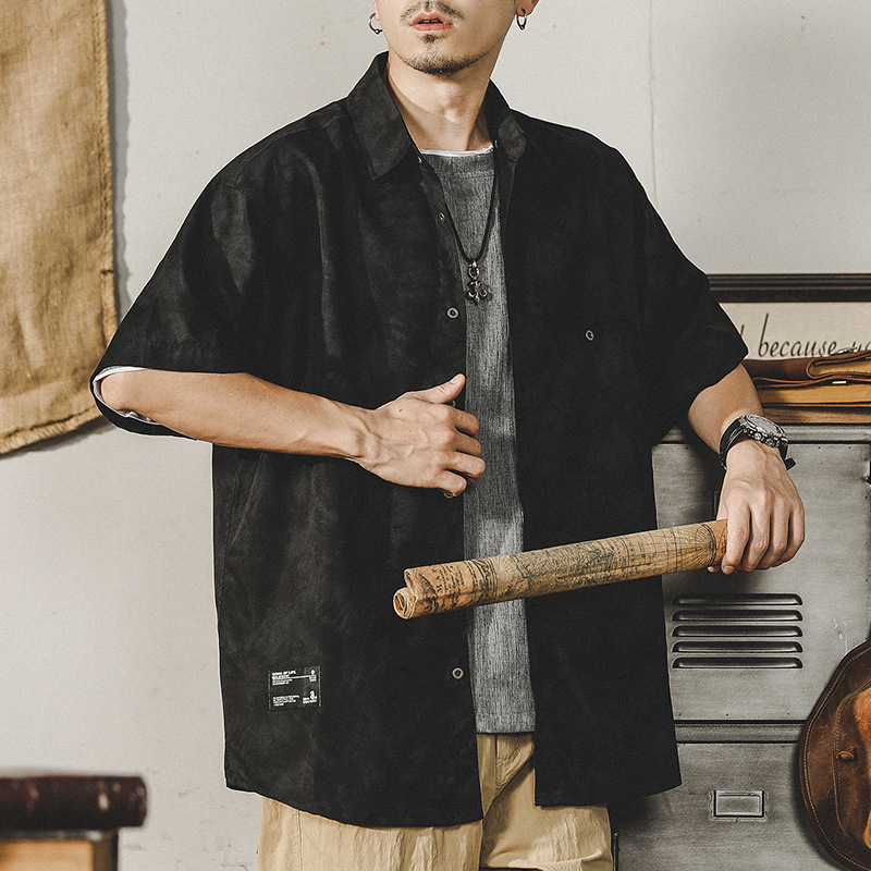 杰雷諾高級感工裝襯衫男短袖夏季薄款寬鬆翻領半袖扎染花襯衣男潮