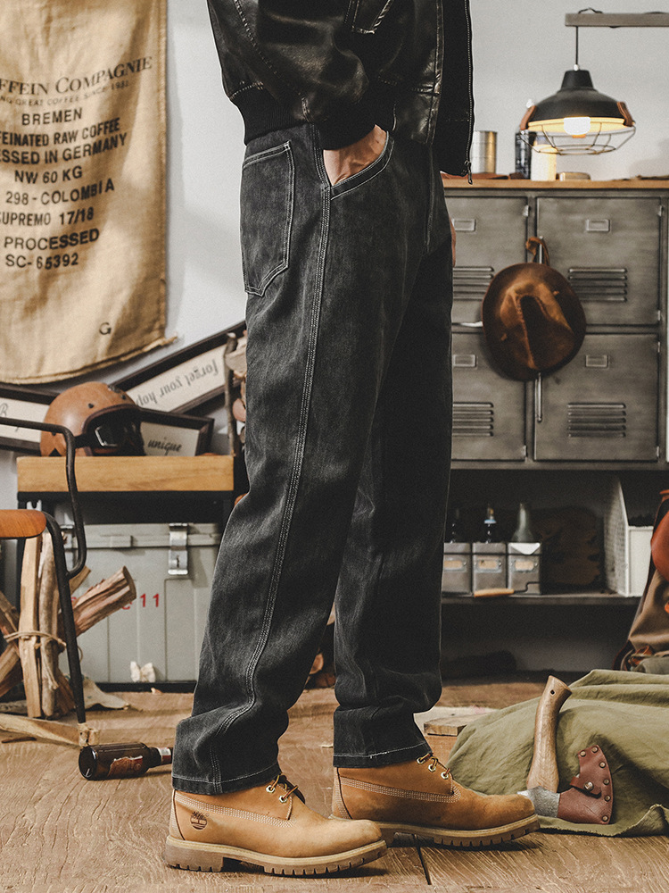 美式重磅石磨炒洗複古牛仔褲男秋季寬松直筒2024新款休閑長褲子男
