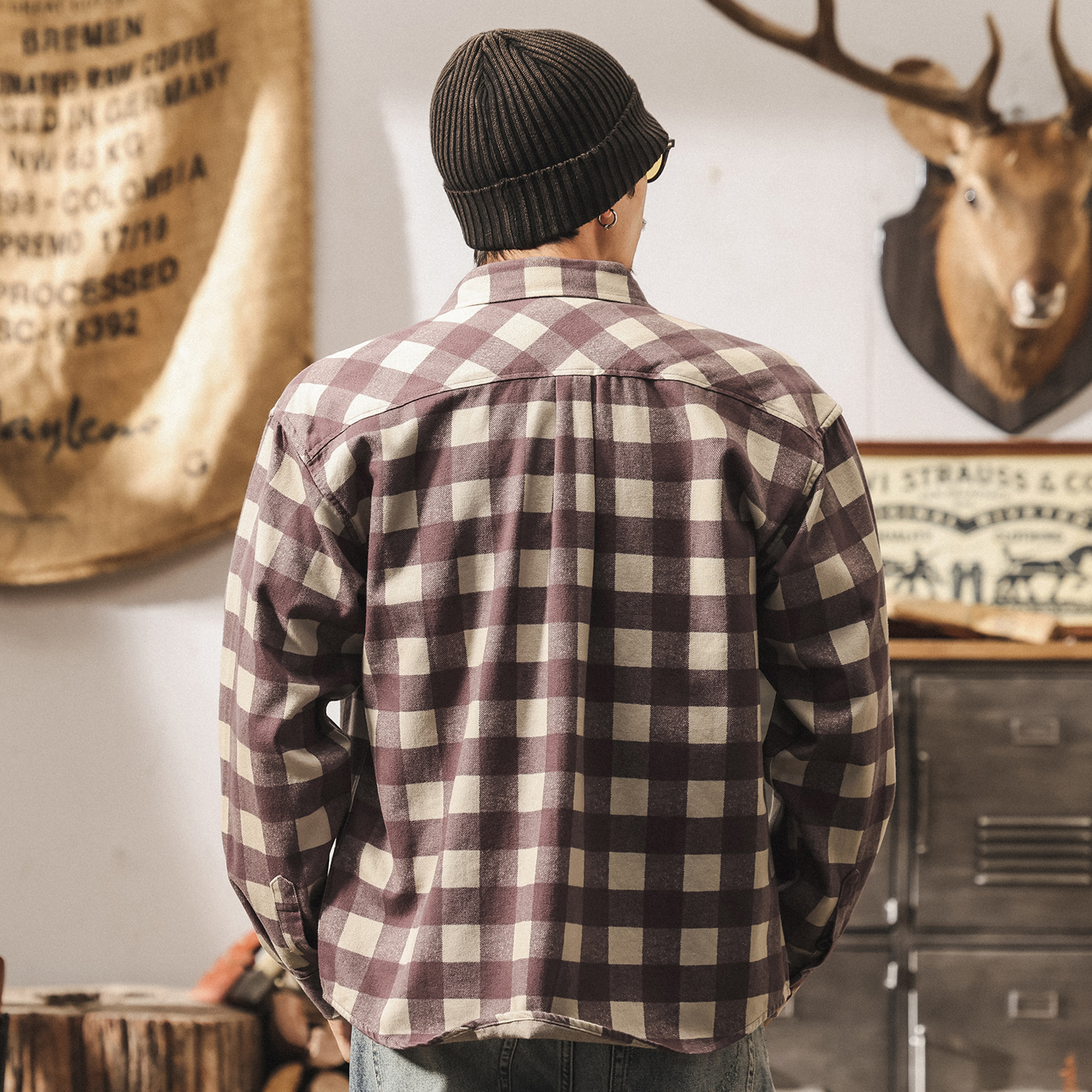 美式復古斜紋萊賽爾格子長袖襯衫男春秋新款寬鬆潮流紫色襯衣外套