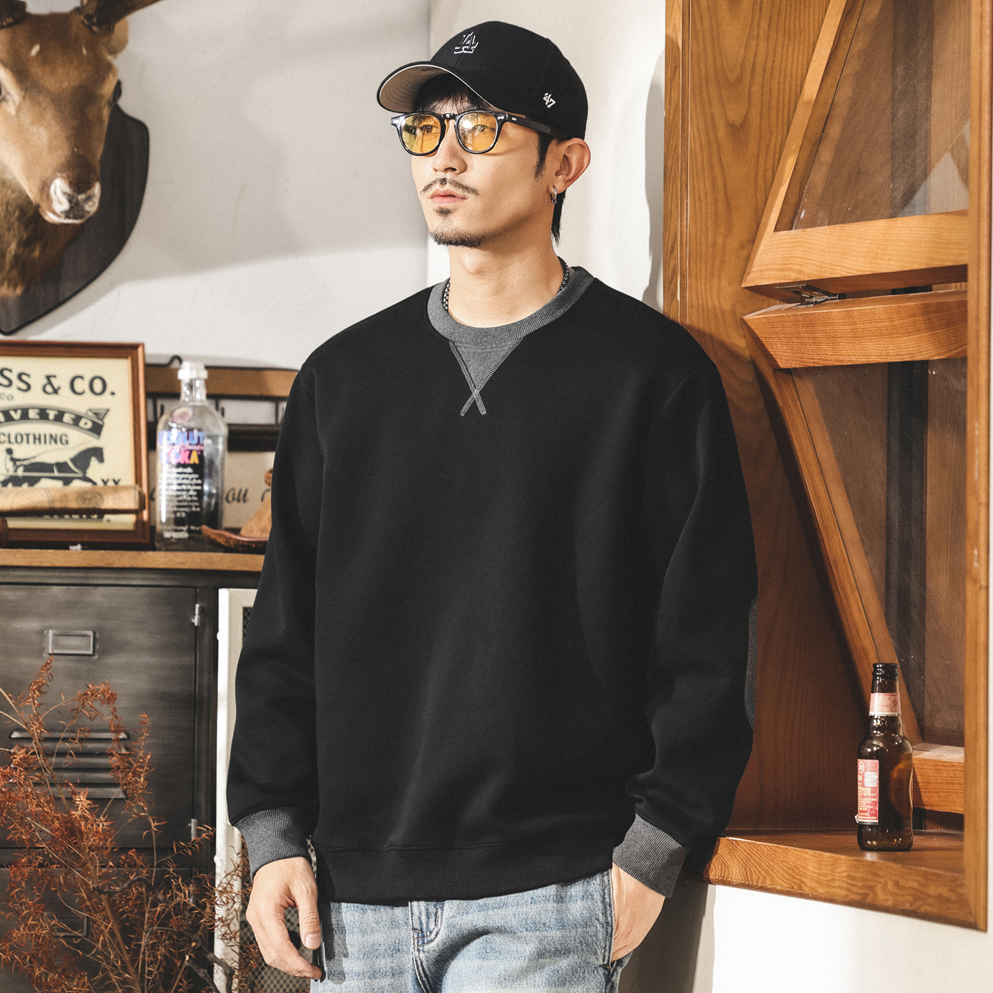 美式復古重磅圓領衛衣男春秋新款撞色假兩件潮牌寬鬆大碼休閒上衣