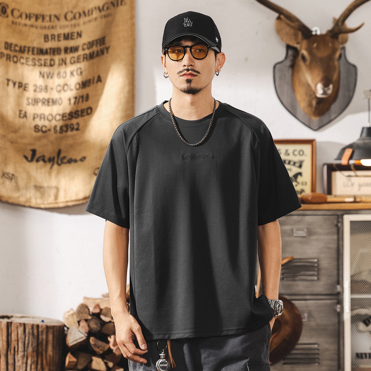 美式復古薄款T恤男士短袖夏季新款潮牌男裝寬鬆休閒半袖刺繡上衣T