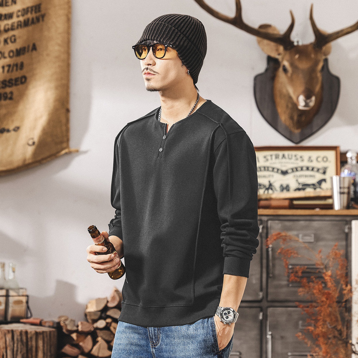 美式復古重磅亨利領衛衣男春秋款潮牌寬鬆男士polo衫長袖寬鬆上衣