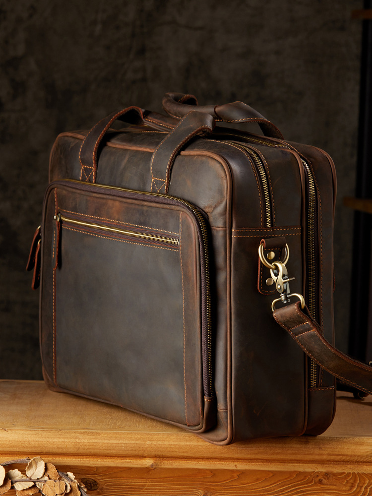 手工復古瘋馬皮手提包大容量電腦包男士單肩斜挎包真皮商務公文包
