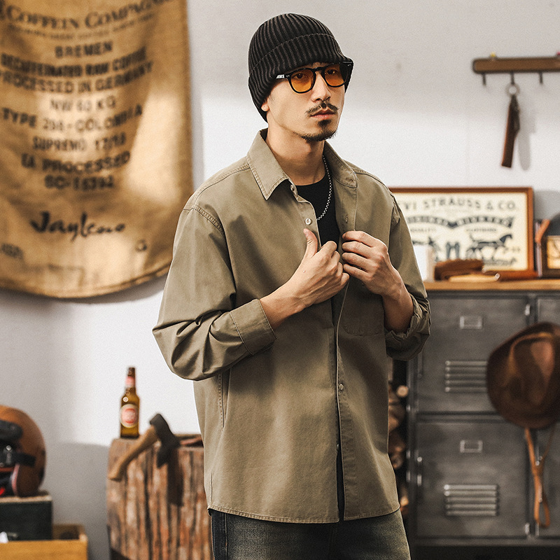 美式復古卡其色工裝襯衫男秋季長袖潮牌寬鬆男士水洗休閒夾克外套