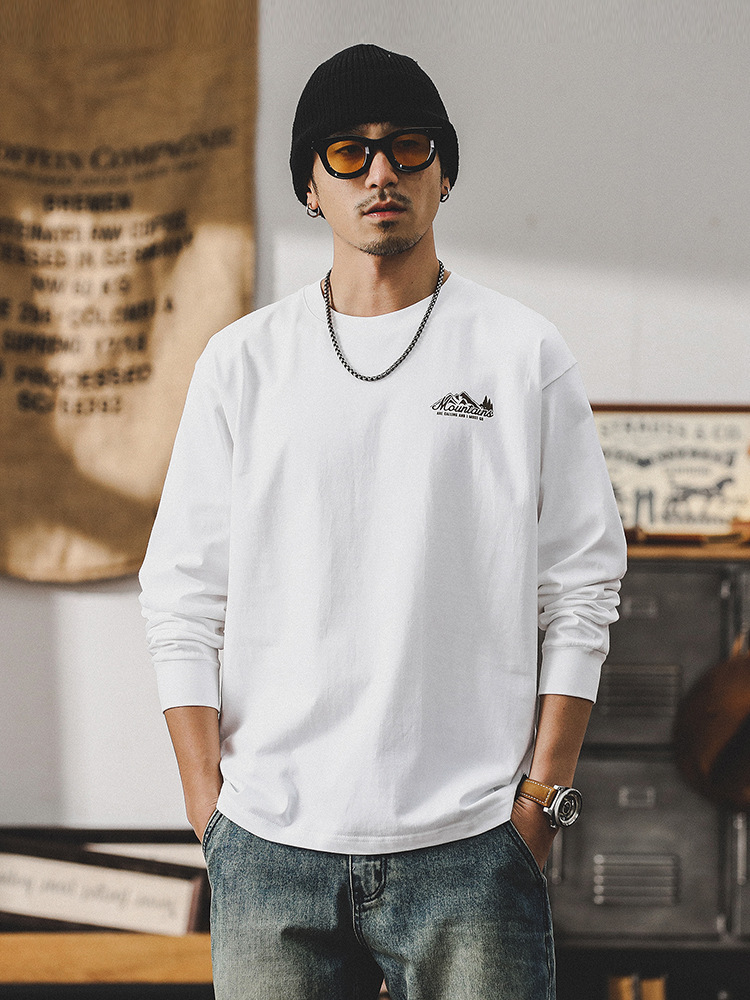 春季新款美式山系T恤男長袖寬鬆潮牌260g重磅男士上衣打底衫