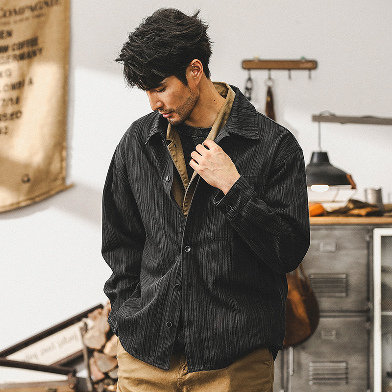 美式複古竹節紋襯衫男長袖高級感潮牌寬松休閑襯衣外套男款春秋季