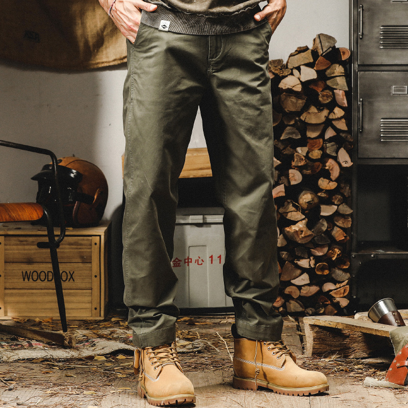傑雷諾美式復古軍綠休閒褲男春秋款潮牌寬鬆直筒重磅硬挺工裝褲子