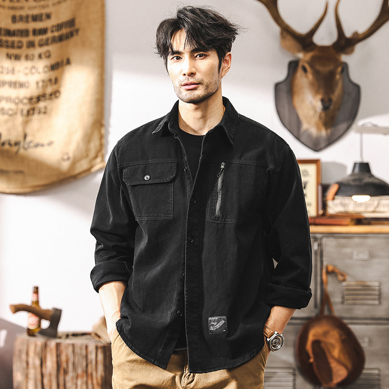 美式復古重磅粗斜工裝襯衫外套男秋季2024新款潮牌獵裝通勤襯衣男