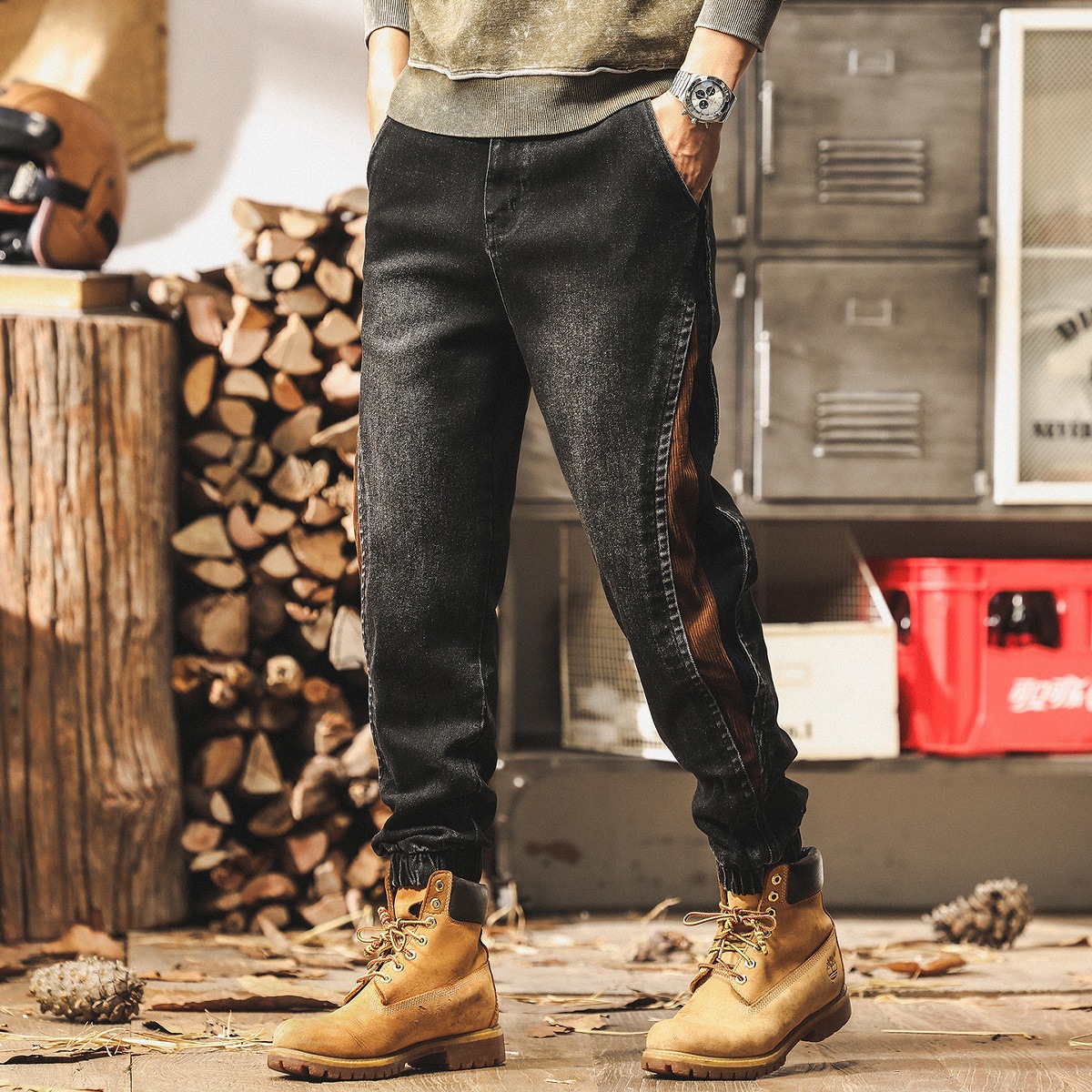 美式復古懷舊拼接撞色牛仔褲男秋季新款潮牌工裝褲子男寬鬆休閒褲