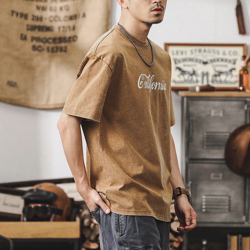 杰雷諾復古雪花水洗短袖T恤男夏季美式重磅硬挺體恤寬鬆上衣潮T男