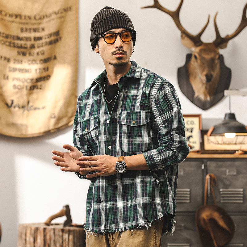 美式復古18支高密粗紡戰損破洞襯衫男長袖秋季潮牌寬鬆格子襯衣男