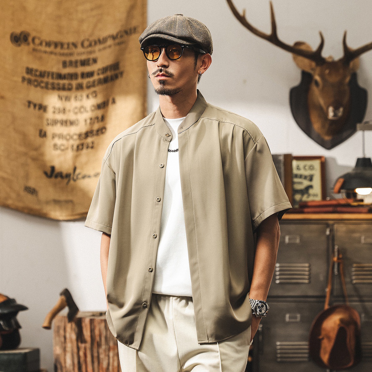 高級感夏季薄款襯衫男士痞帥潮流極簡風立領寬鬆休閒短袖襯衣外套