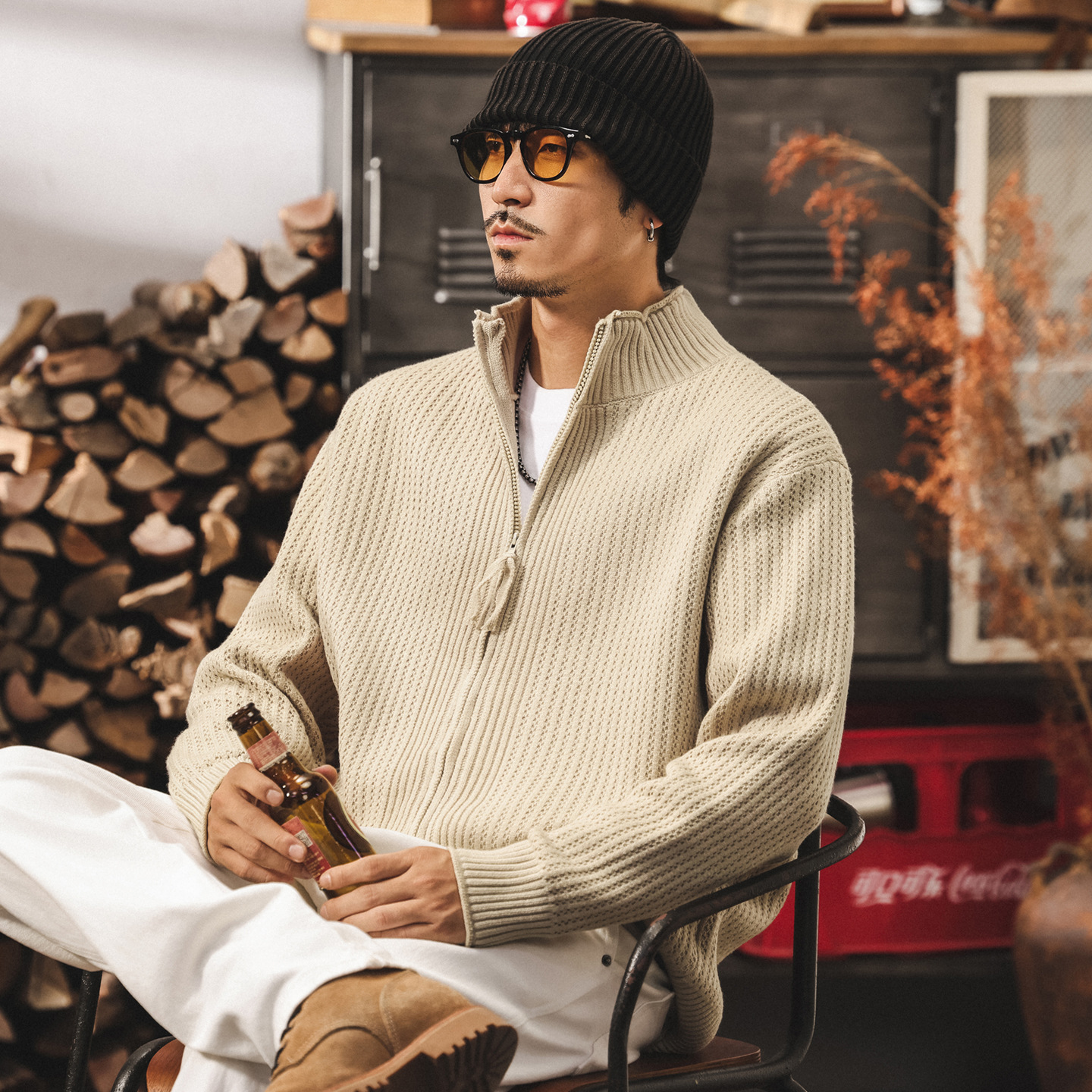 美式復古7針重磅開衫毛衣男春秋新款慵懶風立領針織衫外套男秋冬