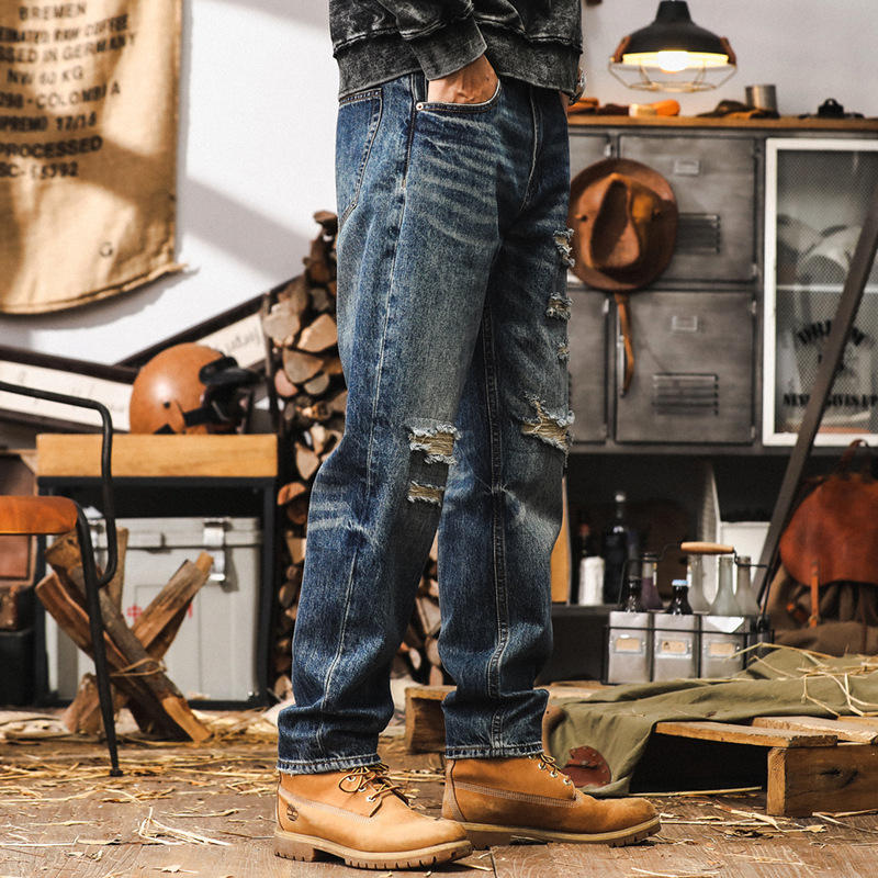美式復古牛仔褲男寬鬆直筒2024新款潮牌男褲子秋季破洞休閒長褲男
