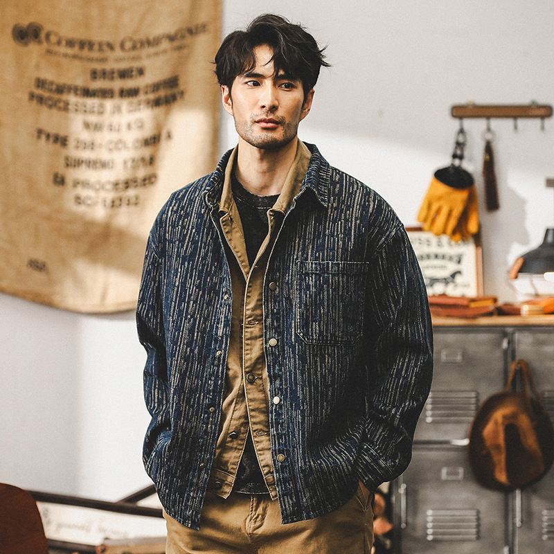 美式複古提花牛仔襯衫男長袖秋季潮牌寬松做舊水洗休閑夾克外套男