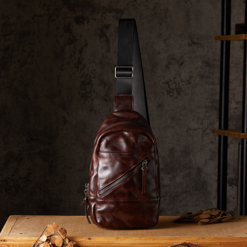 手工植鞣牛皮胸包男士戶外休閒單肩斜挎包個性百搭多功能真皮男包