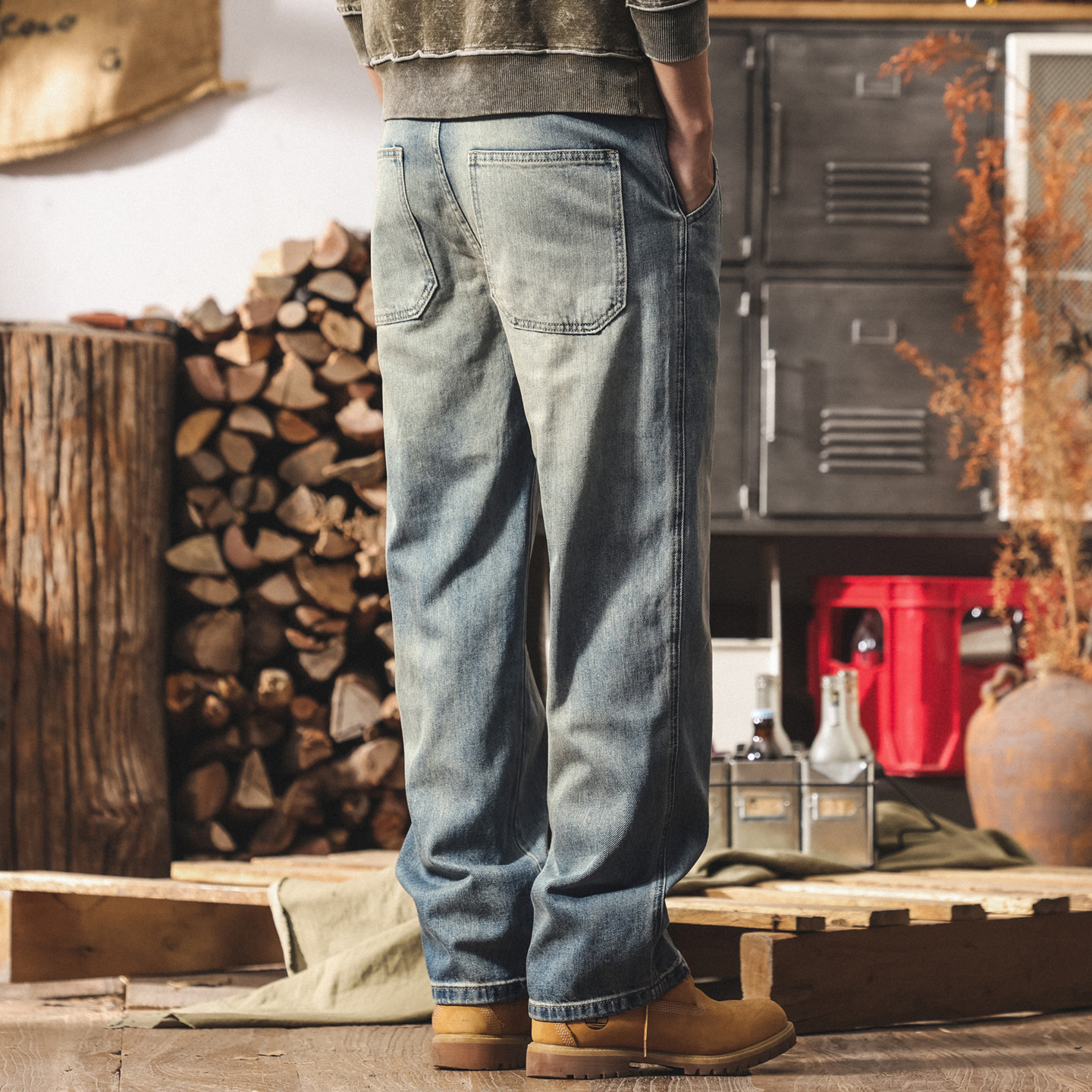 美式復古牛仔褲男直筒2025新款潮牌拼接寬鬆春秋水洗男士休閒長褲