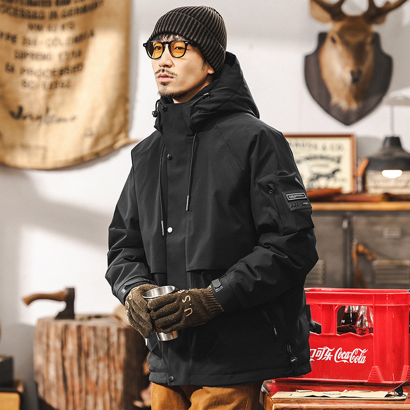 美式復古工裝連帽羽絨服冬季戶外通勤三防加厚保暖男士派克服外套