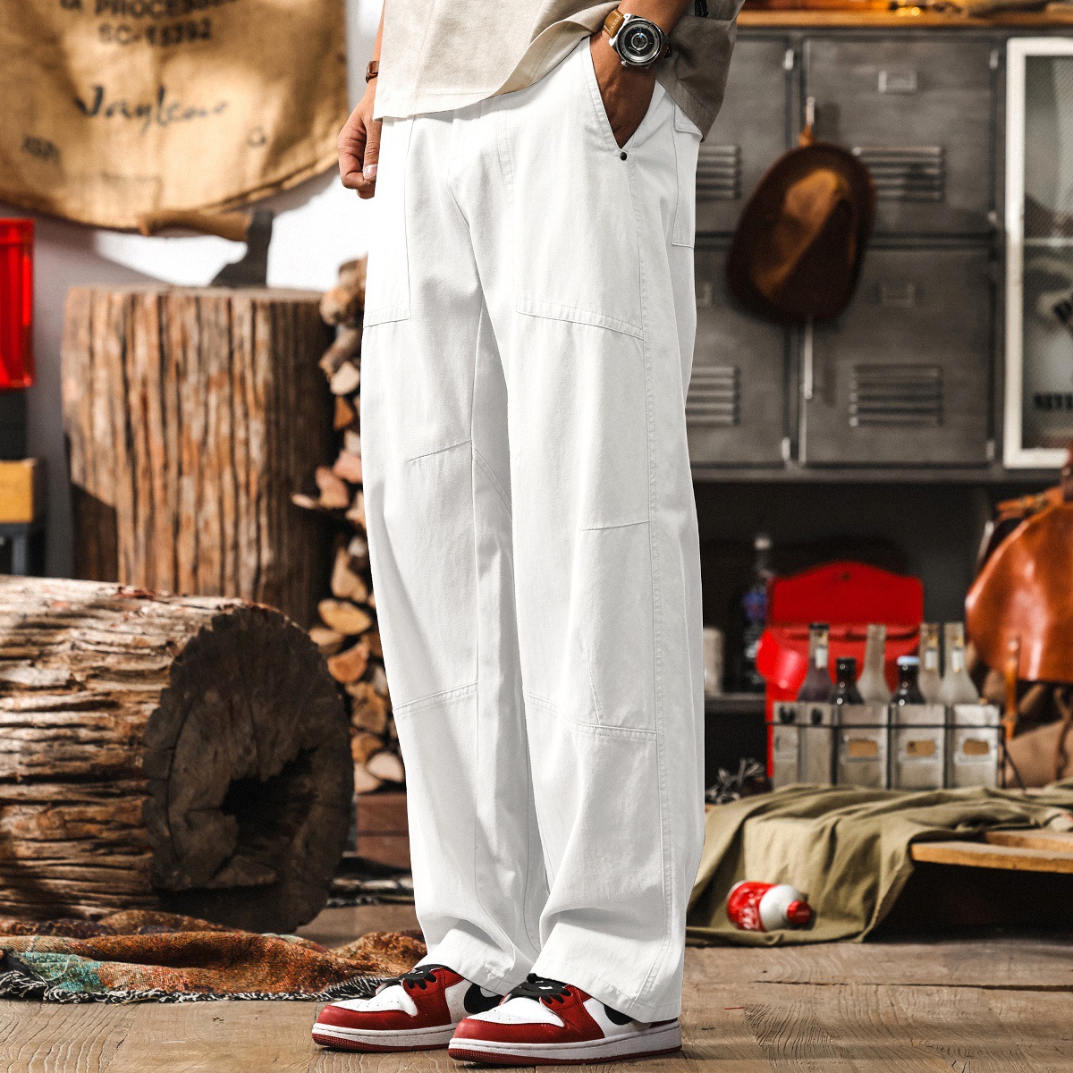 美式復古垂感萊賽爾卡其色褲子男夏季薄款休閒褲男寬鬆直筒工裝褲