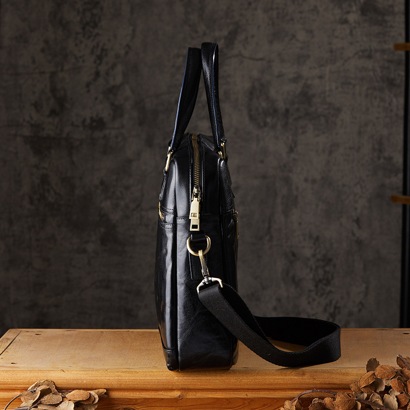 手工頭層牛皮公文包男士真皮大容量單肩斜挎包植鞣牛皮商務手提包