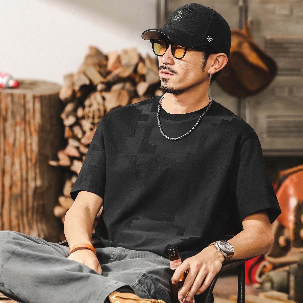 美式復古高級感提花白色T恤男夏季短袖2025新款寬鬆潮流男士上衣T