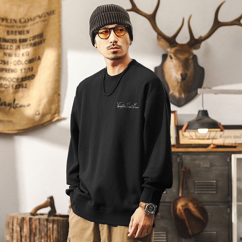 美式復古360g重磅斜紋肌理感衛衣男秋季潮牌寬鬆簡約帥氣刺繡上衣