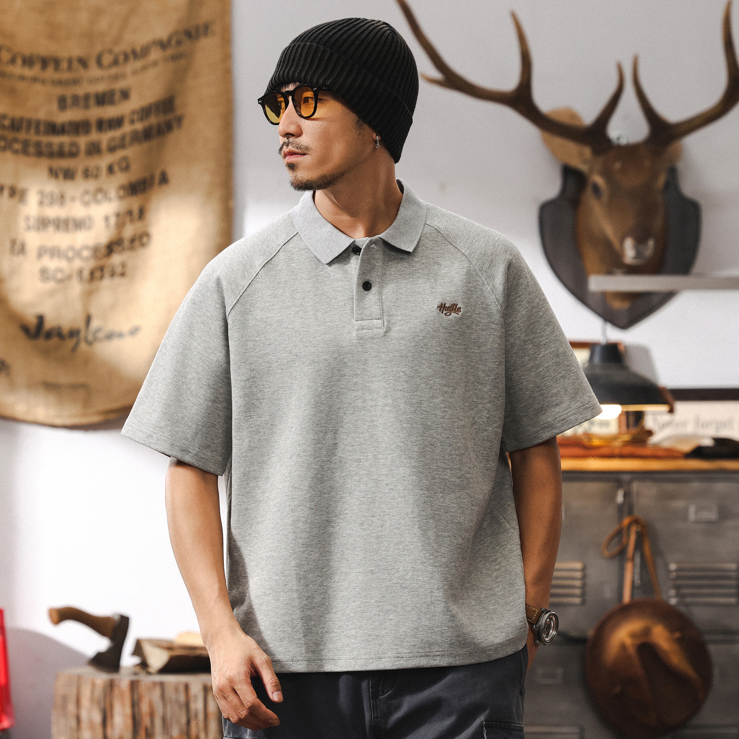 美式復古灰色短袖POLO衫男士夏季新款300g重磅t恤空氣層潮牌上衣