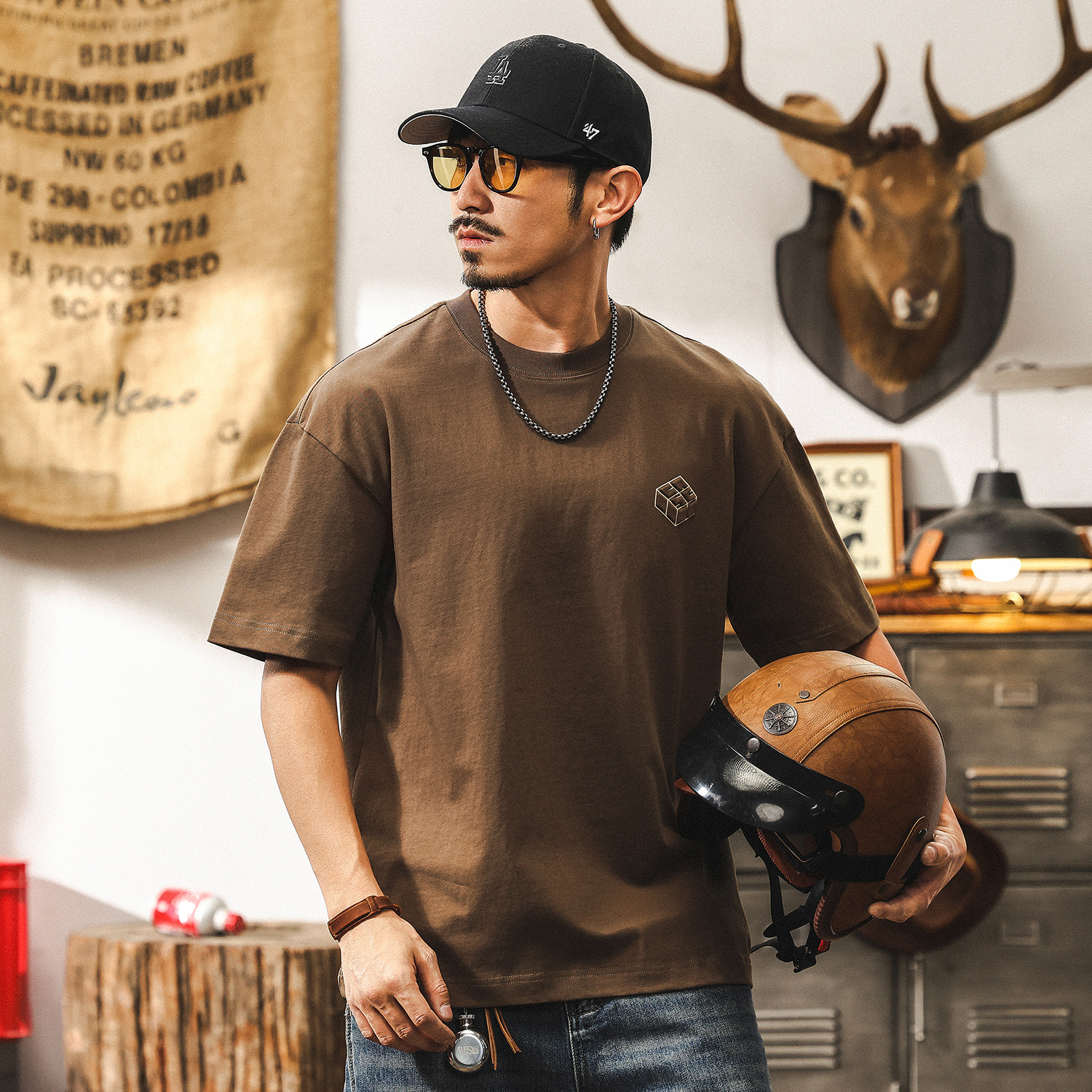 美式復古涼感280g重磅T恤男短袖男士夏季潮牌大碼半截袖男裝