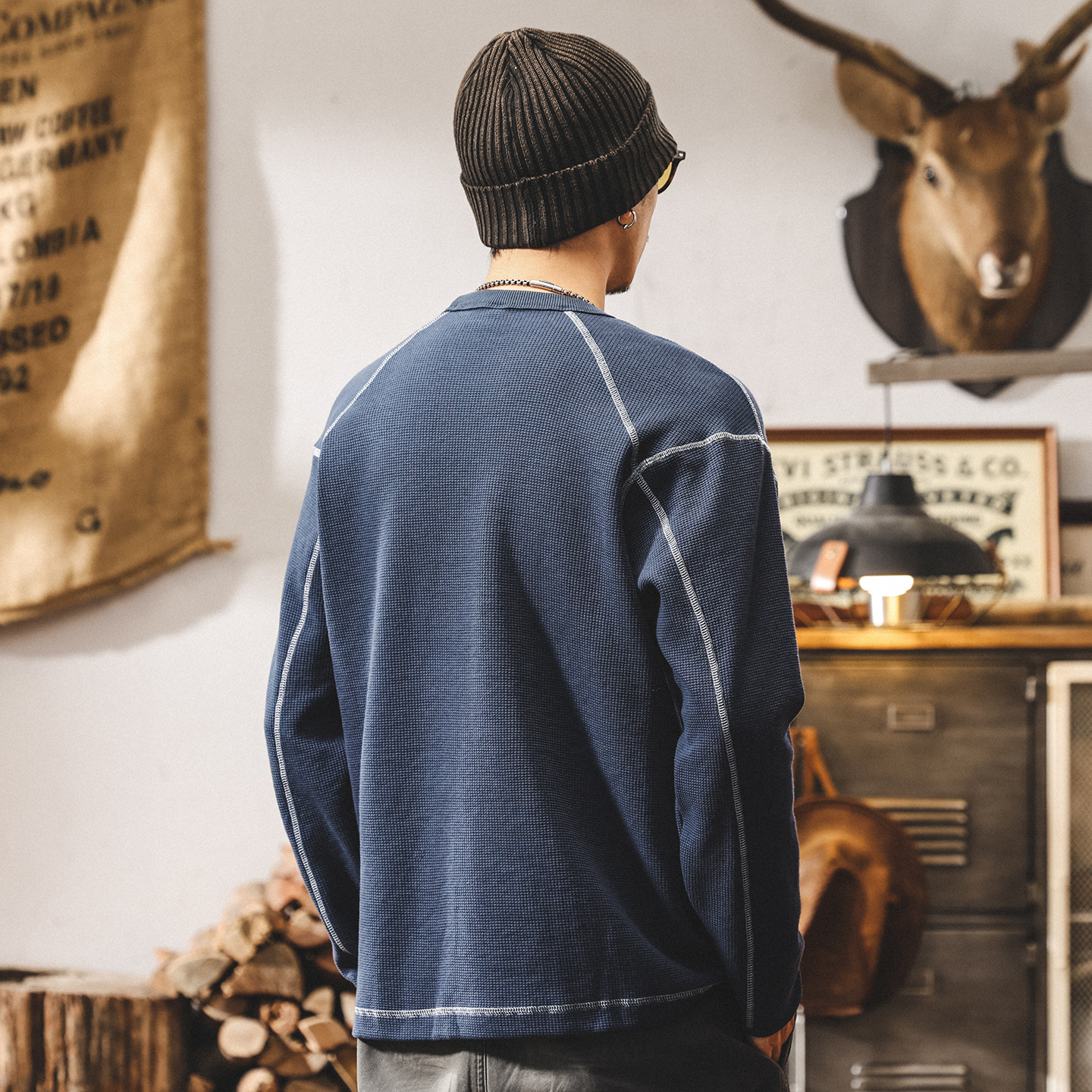 美式復古重磅衛衣男春秋2025新款潮牌華夫格長袖t恤秋季男士上衣