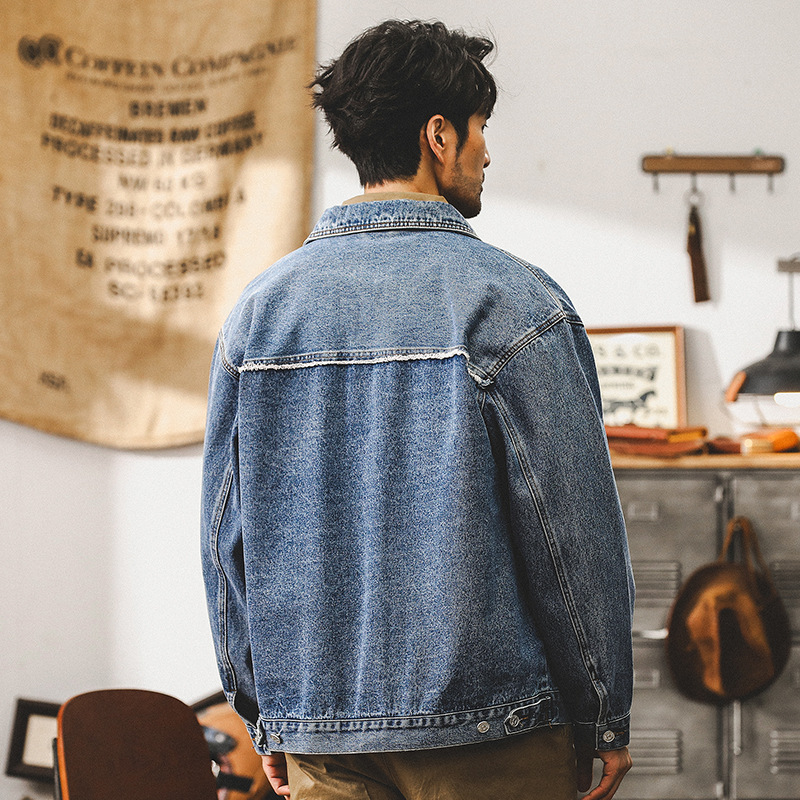 美式重磅經典復古丹寧牛仔外套男春秋寬鬆硬挺獵裝工裝夾克男秋季