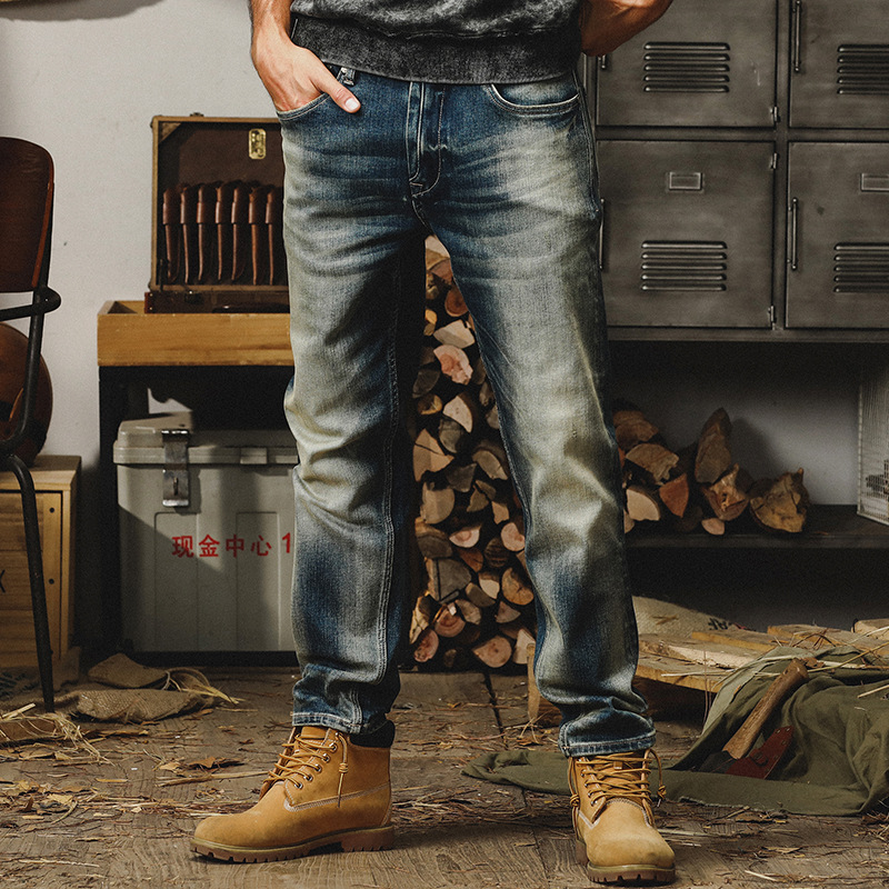 美式經典復古15盎司重磅秋季牛仔褲男直筒石磨水洗做舊休閒長褲子
