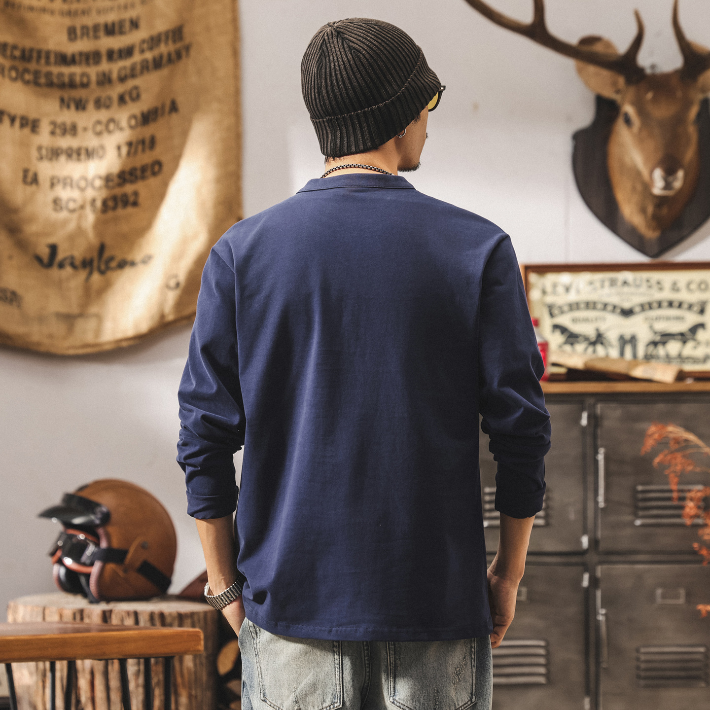 美式復古磨毛輕柔亨利領polo衫男新款長袖t恤男春秋寬鬆上衣