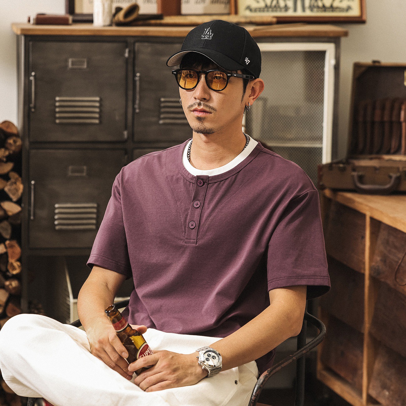 美式復古假兩件涼感T恤男士短袖夏季寬鬆紫色潮流亨利領Polo衫男