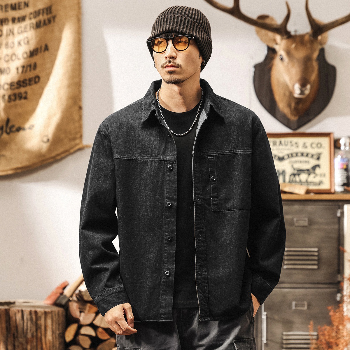 美式復古活性不掉色黑色牛仔襯衫男長袖外套春秋新款休閒工裝襯衣
