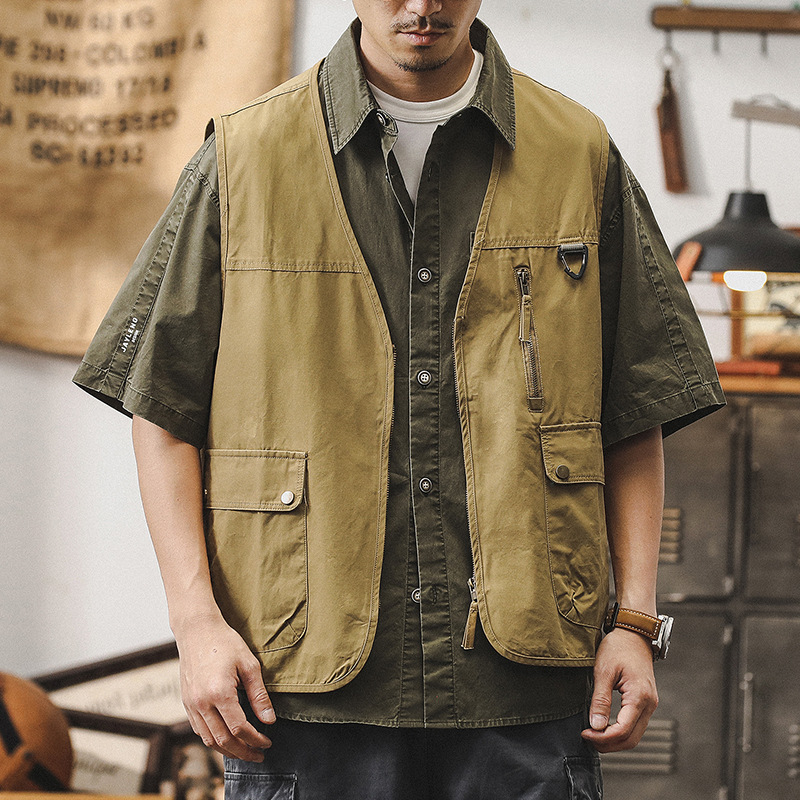 美式潮牌戶外露營風工裝馬甲男士夏季薄款山系釣魚背心坎肩外套男