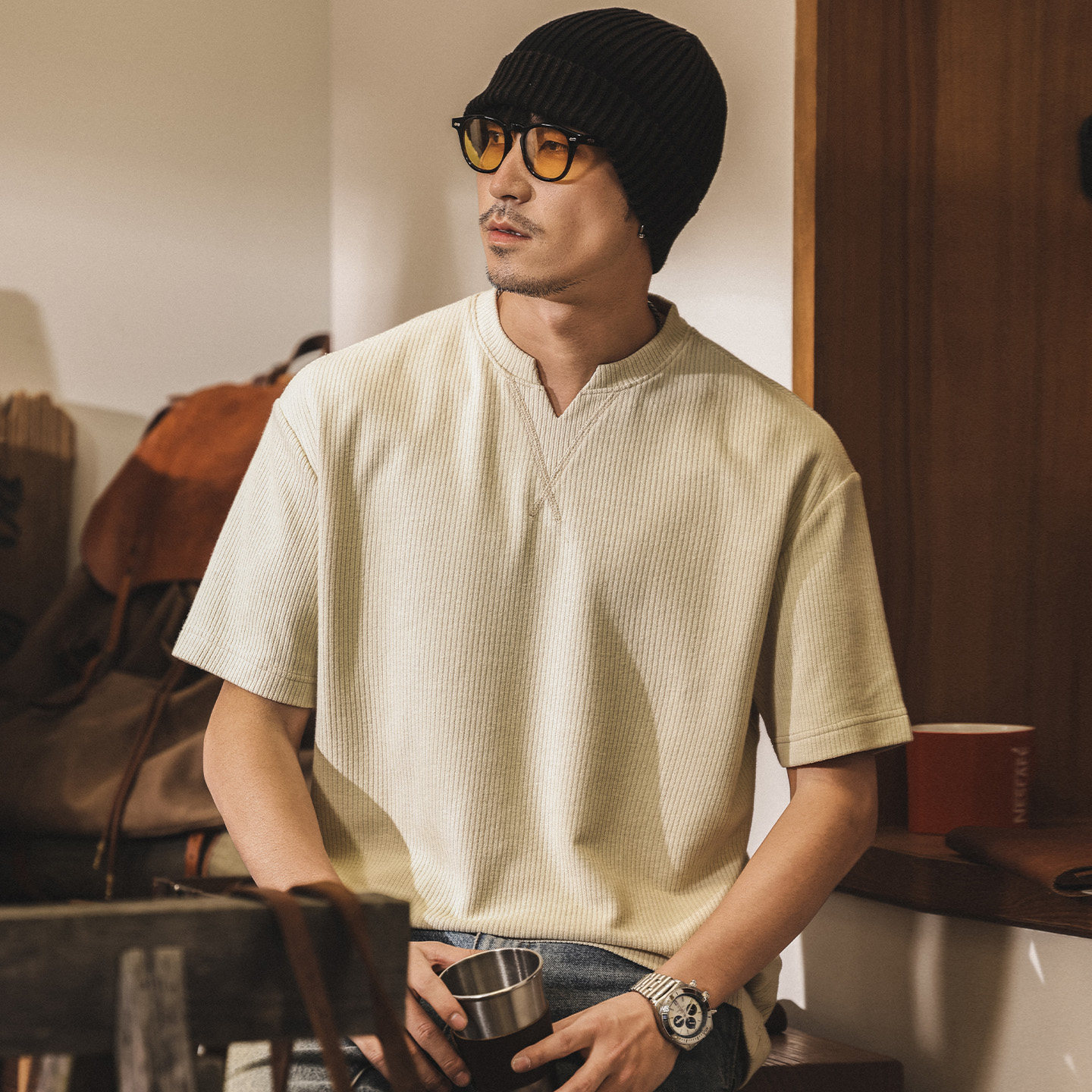 美式復古條紋肌理針織V領男士短袖T恤夏季2026新款寬鬆休閒上衣男