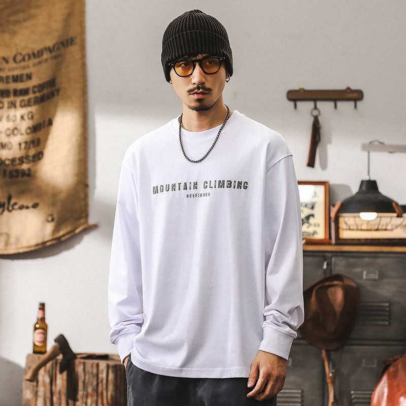 美式復古山系長袖T恤男秋季2024新款潮牌230g重磅寬鬆上衣男
